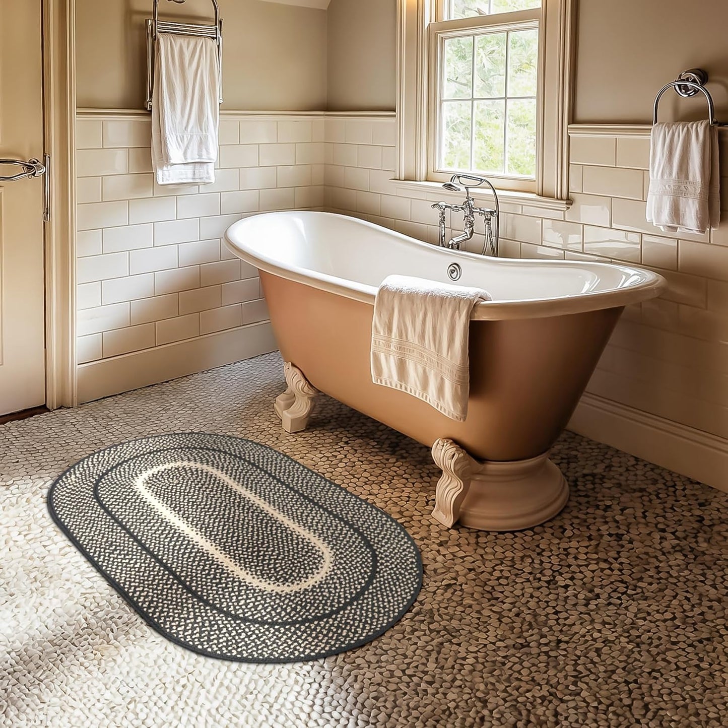 Homespice Manchester Braided Oval Rugs 20x30 - Black and Tan Jute Kitchen Rug for Country Primitive Decor