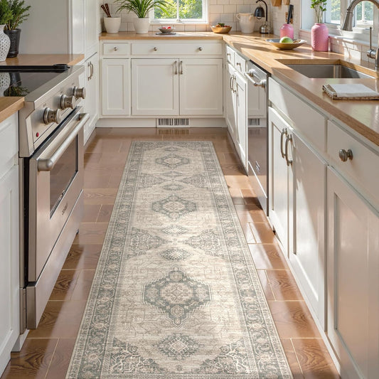 Lahome Oriental Washable Runner Rug Non Slip, 2x7 Rug Runners for Hallways Kitchen, Ultra-Thin Hallway Rugs for Laundry Room Bathroom Bedroom, Grey/Brown