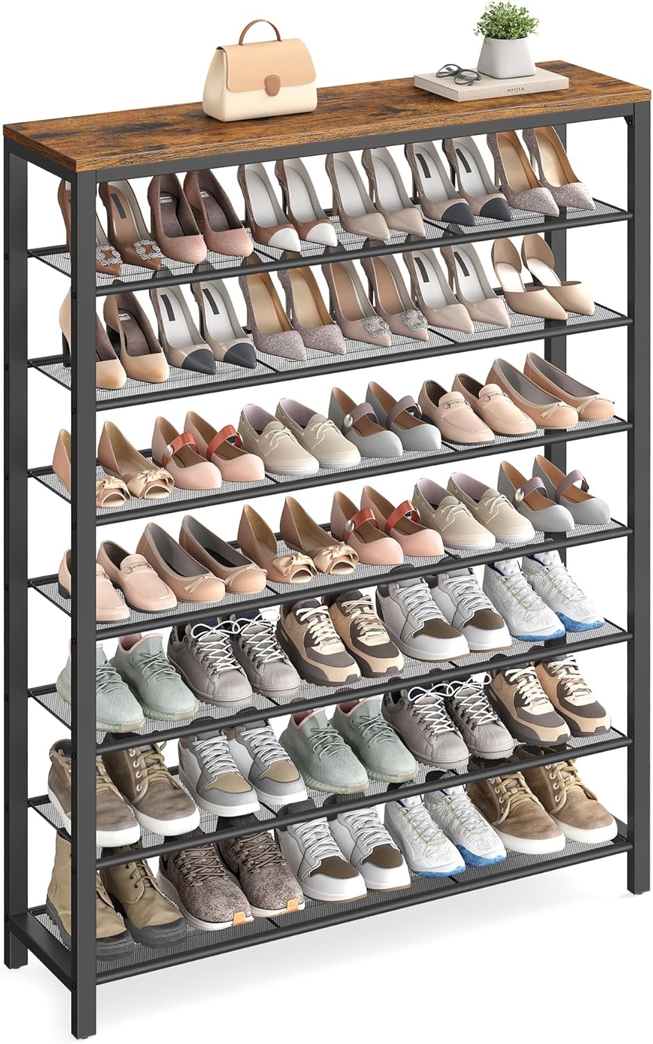 VASAGLE 8 Tier Shoe Rack, Shoe Organizer for Closet, Entryway, 32-40 Pairs of Shoes, Large Shoe Rack Organizer with 7 Metal Mesh Shelves, 11.8 x 39.4 x 59.8 Inches, Rustic Brown and Black ULBS012B01