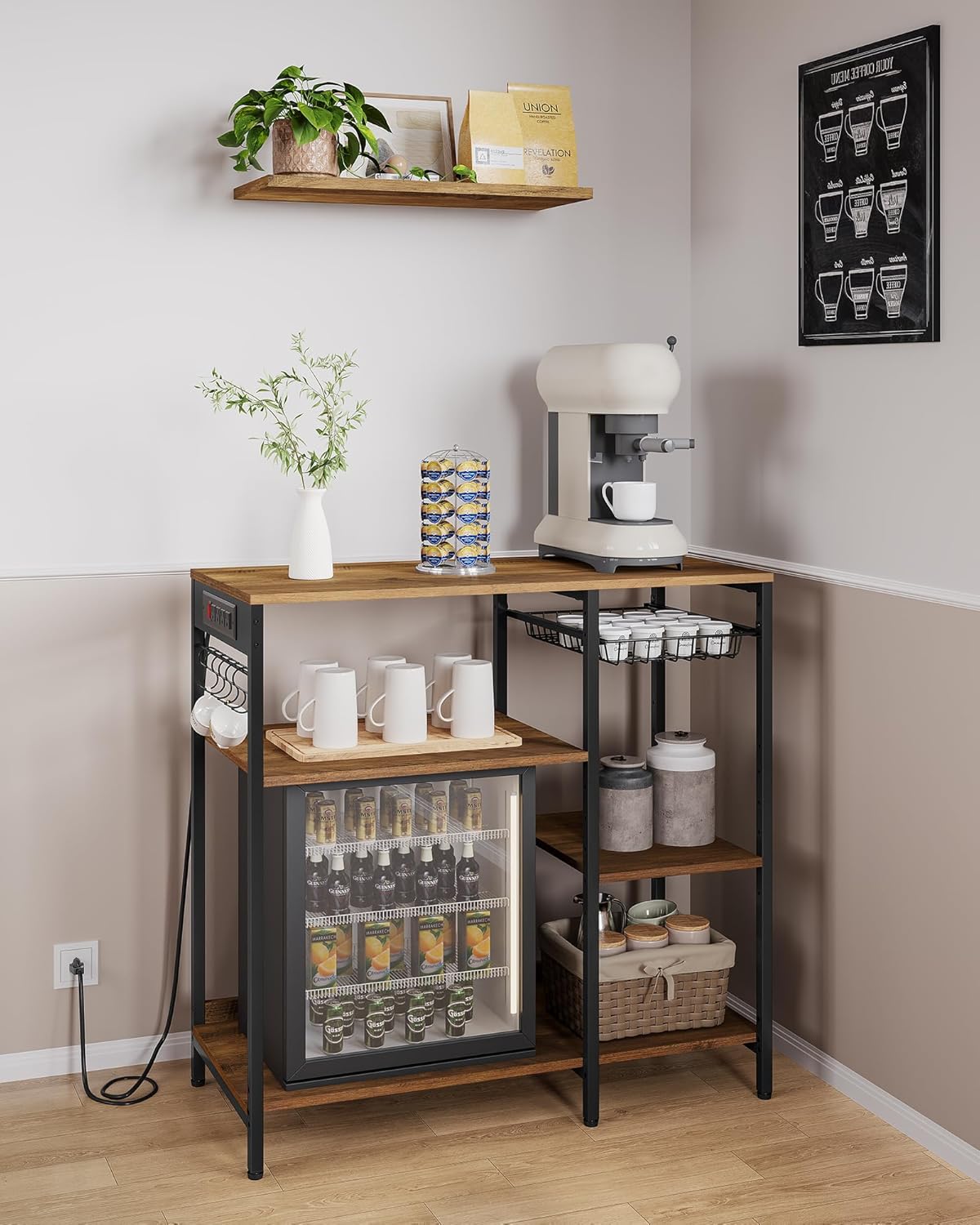 VASAGLE Baker's Rack, Coffee Bar Stand with Charging Station, Storage Shelves, Pull-Out Wire Basket, Table for Microwave, Kitchen, Rustic Walnut UKKS036K41, 15.7 x 35.4 x 35.6 Inches