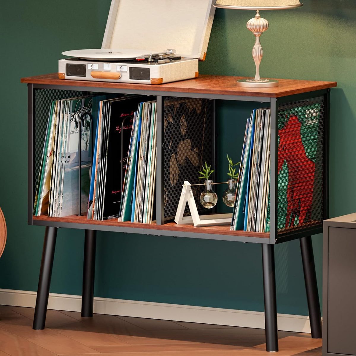 Record Player Stand with Adjustable Divider, Vinyl Storage Holder Up to 200 Albums, Mid-Century Large Record Player Table, Vinyl Holder Turntable Stand End Table Storage Rack for Bedroom & Living Room