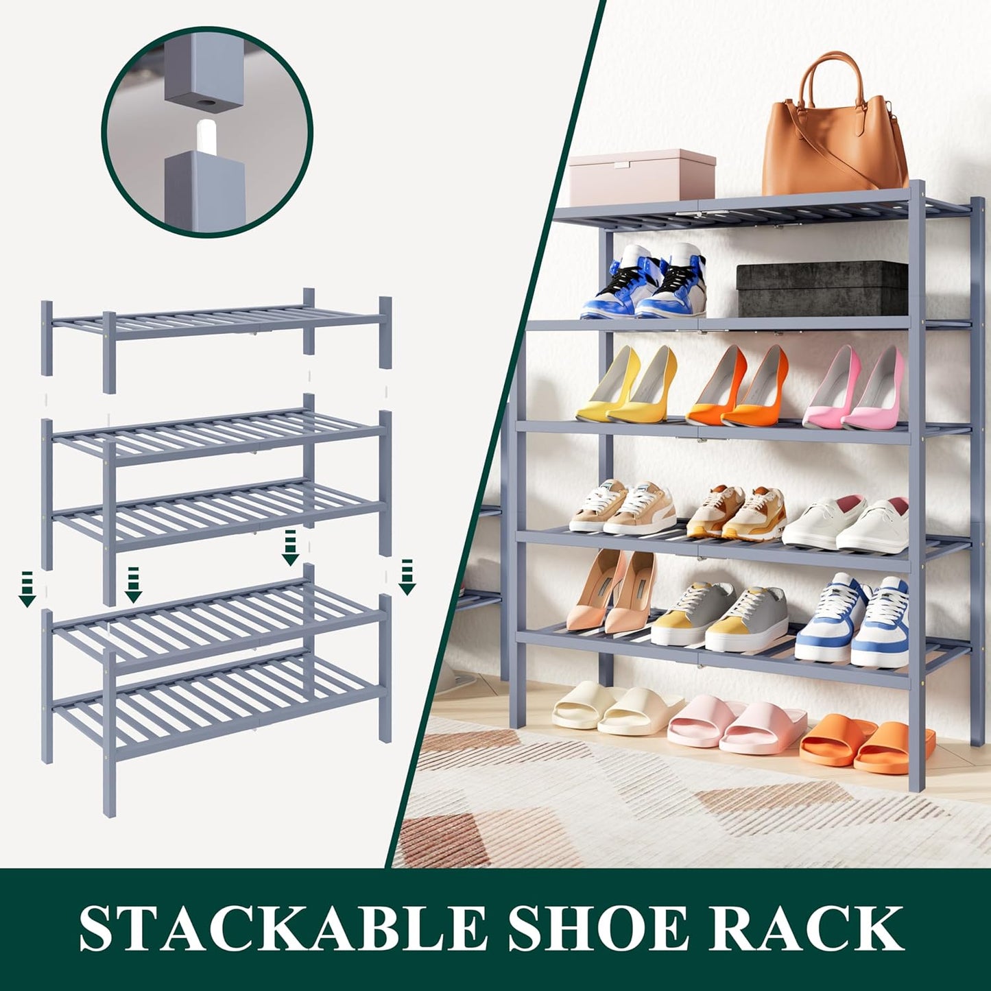 Smiry Shoe Rack, 4 Tier Thick Bamboo Shoe Organizer, Stackable Free Standing Wooden Shoe Storage Shelf for Closet, Entryway, Front Door Entrance, Grey