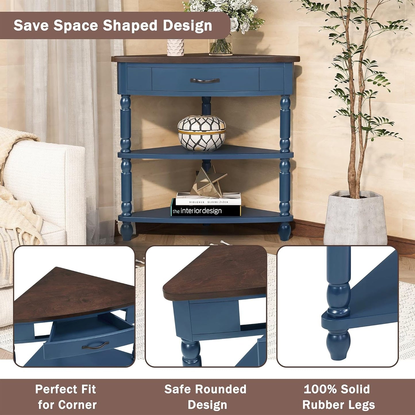 GDFStudio Trmxmbi 3 Tier Corner Console Table with 1 Storage Drawers and Shelves, 33.8'' Rustic Wood Triangle Sofa End Table for Small Spaces, Solid Wood Legs, Navy Blue and Espresso Top