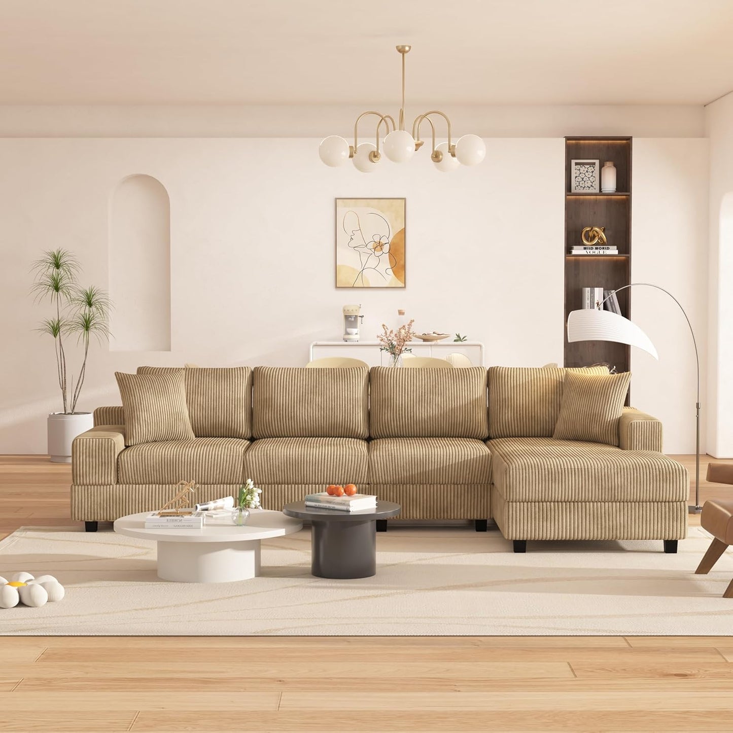 Eafurn 132.68" Oversized L Shaped Modular Sectional Sofa Couch with Reversible Chaise Lounge Daybed, Modern Corduroy Upholstered Corner Lounge Couch with Thick Cushions and Headrest