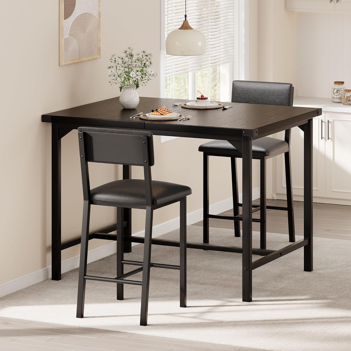 IDEALHOUSE Dining Table Set for 2 w/Counter Height Table & 2 Upholstered Bar Stools, 3-Piece Kitchen Table Set with Footrest & Corner Protector, for Kitchen Room, Apartment, Pub