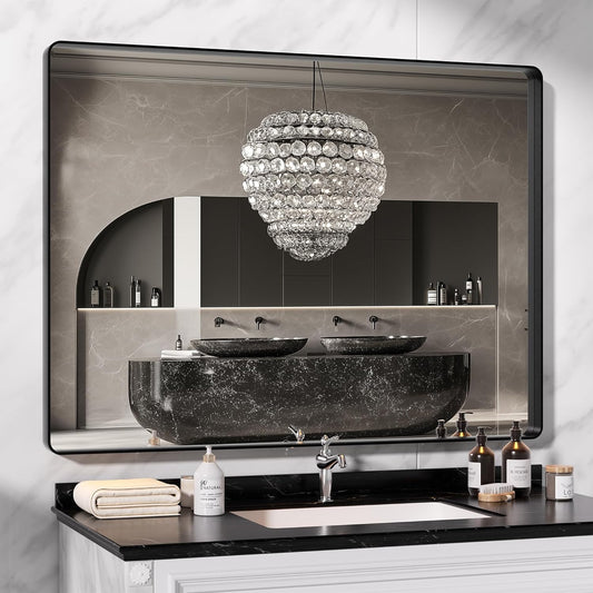 Hasipu Black Bathroom Mirror for Wall, 48 x 36 Inch Metal Framed Bathroom Mirrors for Over Sink, Rectangle Bathroom Vanity Mirror, Anti-Rust, Tempered Glass, Horizontal or Vertical