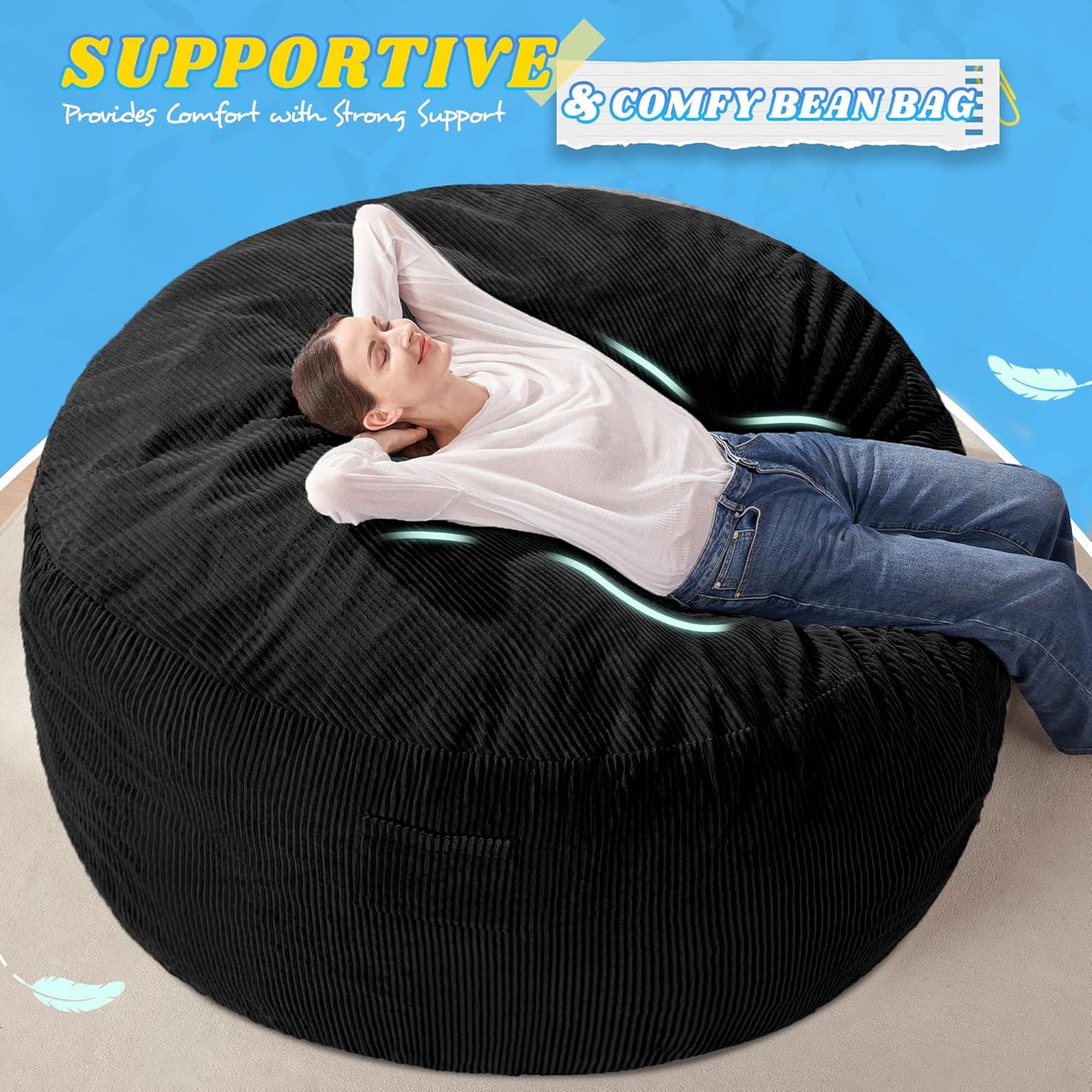 HABUTWAY 6FT Bean Bag Chair,Giant Bean Bag Chairs for Adults,Big Bean Bags with Memory Foam Filled, Large Beanbag Chairs with Soft Corduroy Cover-Black