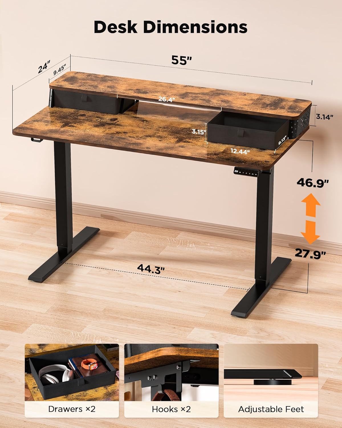 55x24 Inch Standing Desk with Double Drawers,C-Clamp Mount Compatible,Electric Adjustable Height Computer Stand Up Desks, Home Office Sit Stand Table with 3 Preset Heights & Hooks, Rustic Brown
