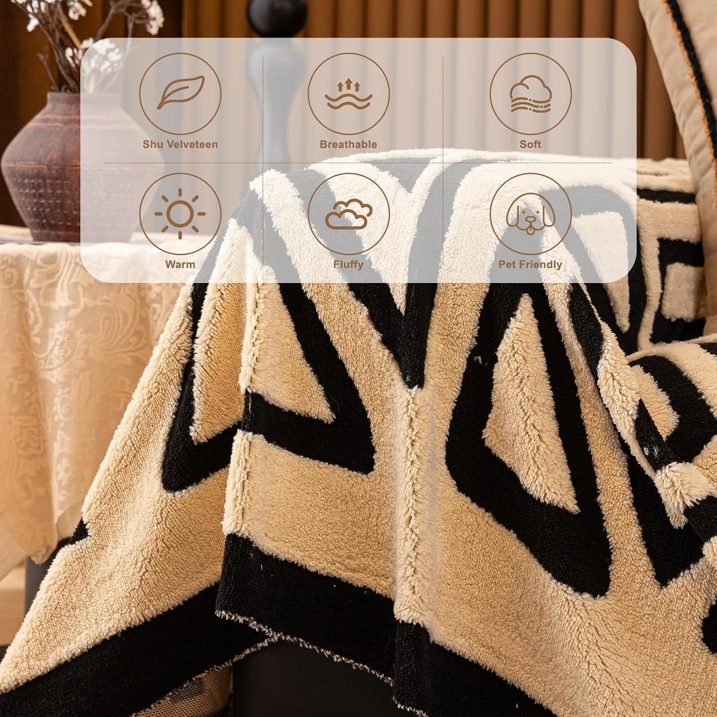 HANDONTIME Boho Sofa Covers for Dogs Black and White Sofa Covers for 3 Cushion Couch Sofa Beige Shu Velveteen Couch Covers for Sectional l Shaped Short Plush Furniture Covers, 71" X118"