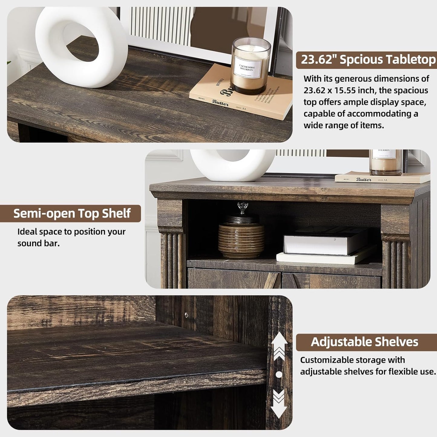 24" Farmhouse Storage Cabinet with Barn Doors, Dark Rustic Oak Freestanding Sideboard Buffet with Adjustable Shelf, Pantry Hutch Coffee Bar for Kitchen Bathroom Living Room - Small Floor Cabinet