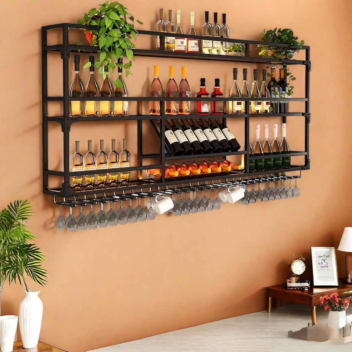 Metal Wall-Mounted Wine Rack with LED Light - 3 Tier Wine Storage Display Rack with Glass Holder - Space-Saving Bottle Display Shelf for Home Bars, Dining Rooms(Black, 79in/200cm)