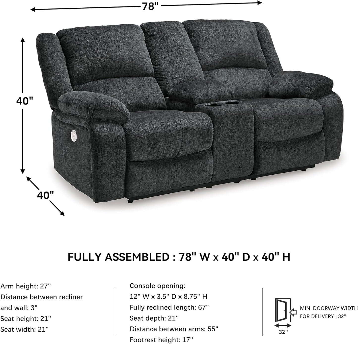 Signature Design by Ashley Draycoll Power Double Reclining Loveseat with Storage Console & USB Plug, Dark Gray