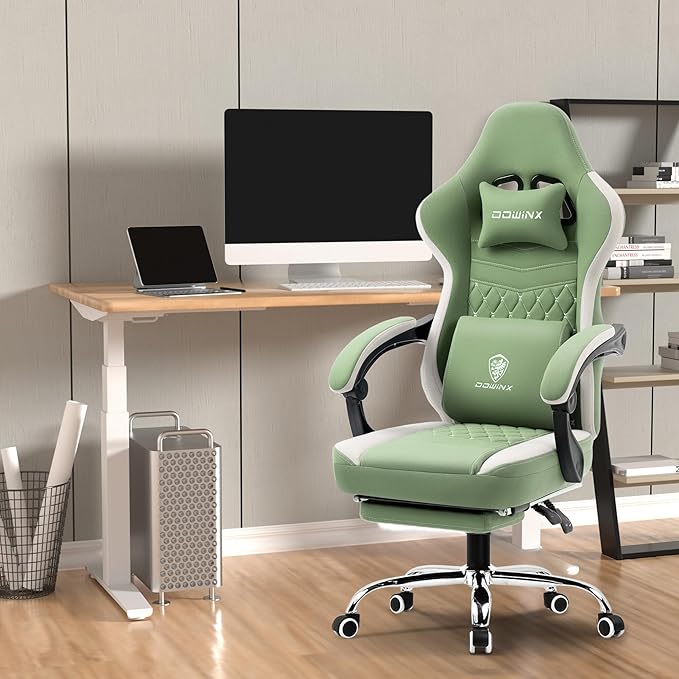 Dowinx Gaming Chair Breathable Fabric Game Chair with Gel Pad and Storage Bag, Comfortable Gamer Chair with Pocket Spring Cushion, Ergonomic Computer Chair with Footrest, Green