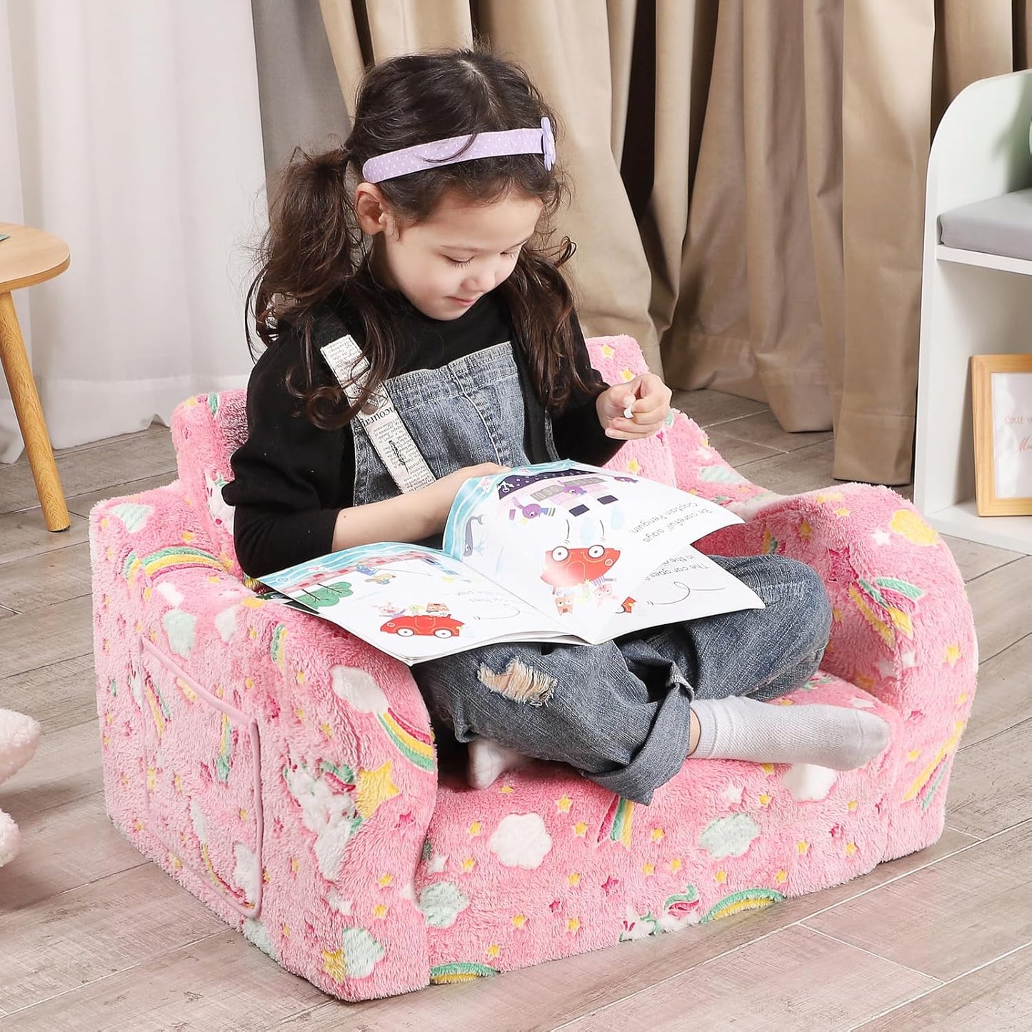 Unicorn Glow in The Dark Toddler Couch, 2-in-1 Toddler Soft Couch Fold Out with Star Pillow, Convertible Sofa to Lounger for Girls and Boys, 1-Seat