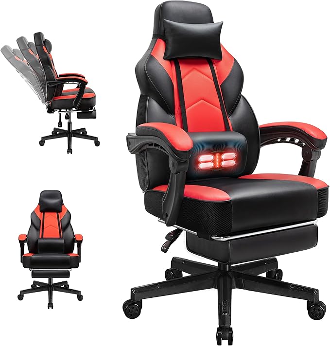 Gaming Chairs for Adults, Computer Chair with Footrest, High Back, Big and Tall Gamer Chair‘s with Massage Lumbar Support, 360° Swivel Height Adjustable Computer Chaires, Dark Red