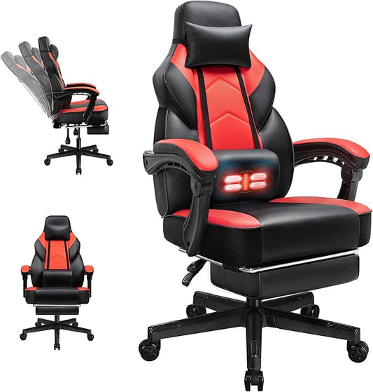 Gaming Chairs for Adults, Computer Chair with Footrest, High Back, Big and Tall Gamer Chair‘s with Massage Lumbar Support, 360° Swivel Height Adjustable Computer Chaires, Dark Red