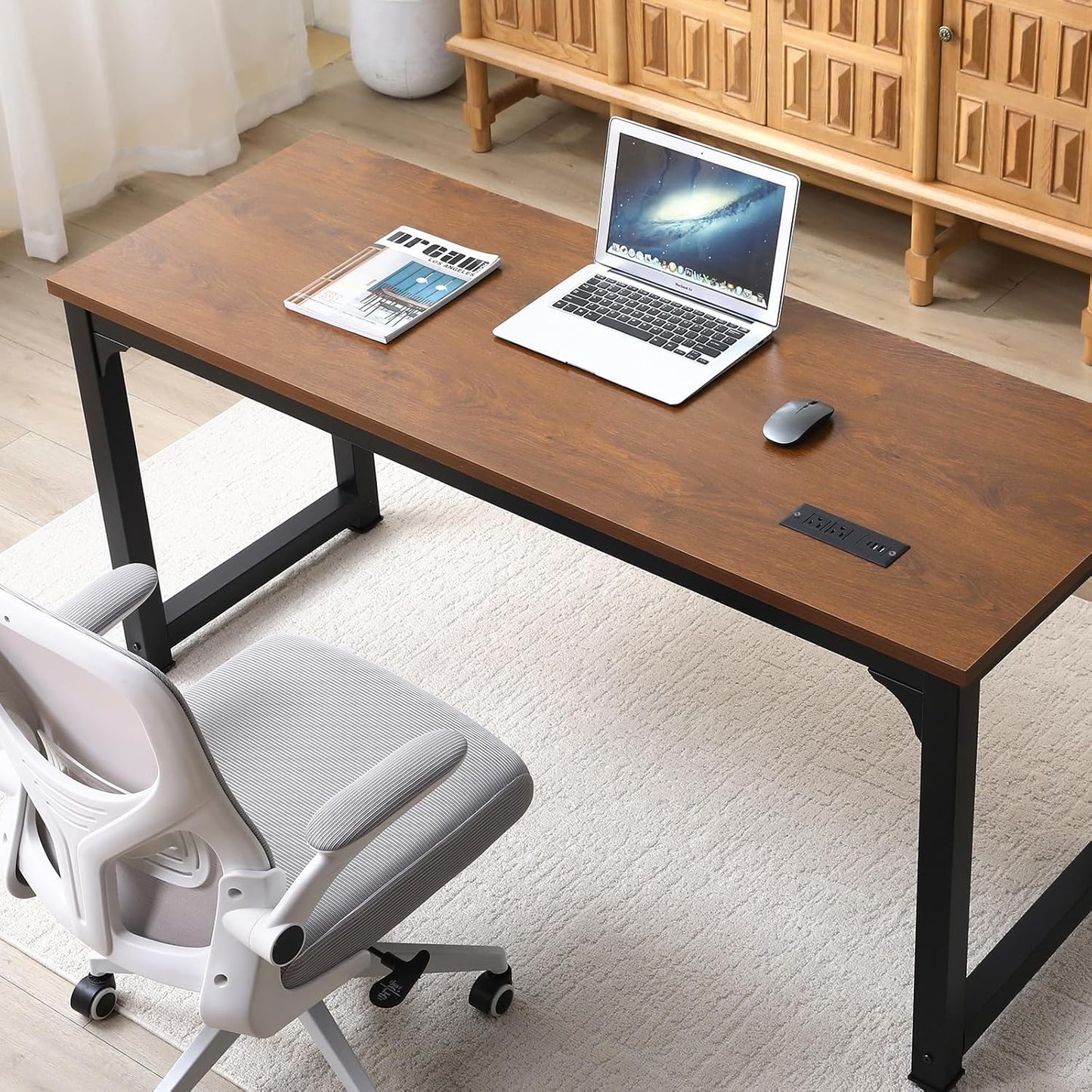 Large Computer Desk - 63 Inch Home Office Desks Study Student Writing Table Gaming Desk Wood Modern Simple Table with USB Ports, L.Brown