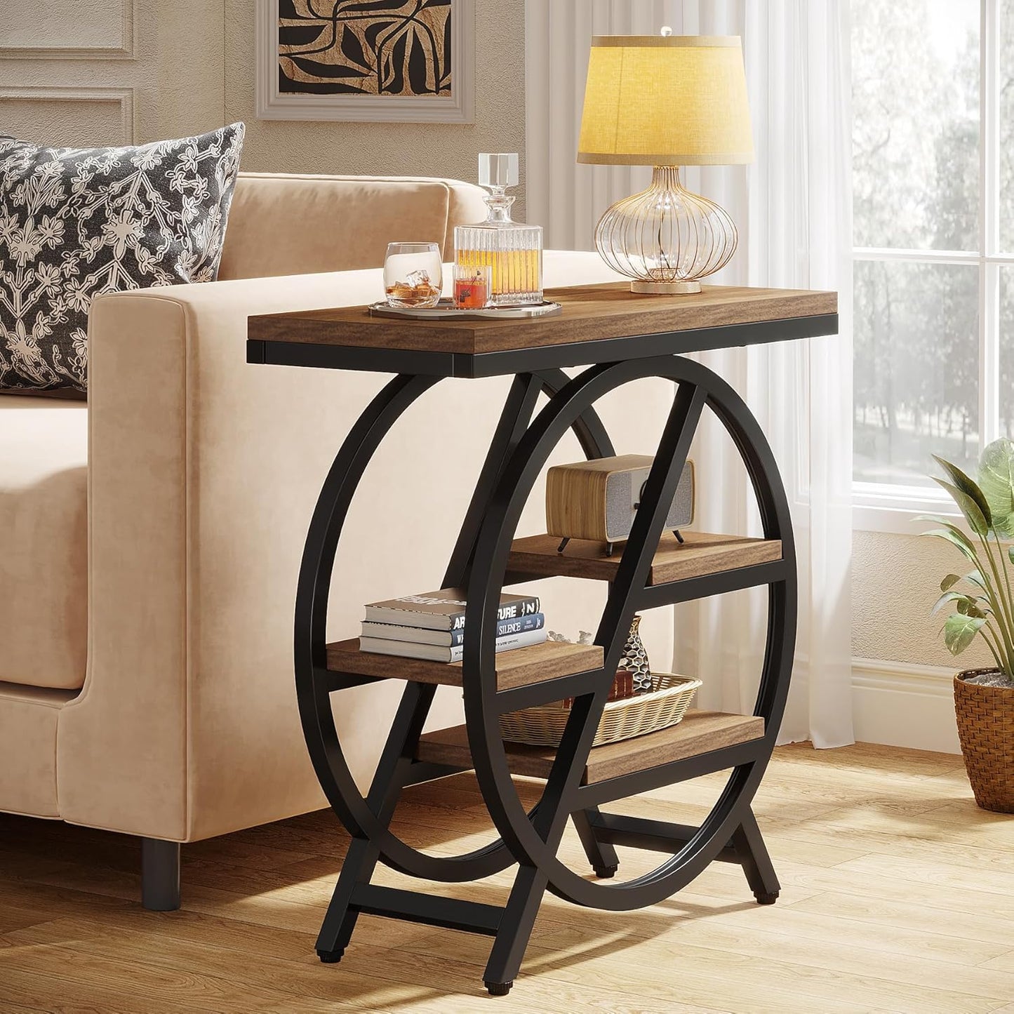 Tribesigns End Table for Living Room, 3-Tier Narrow Side Table with Storage, Wood Sofa Side Table with Geometric Metal Frame, Industrial Nightstand and Bedside Table for Bedroom, Light Brown