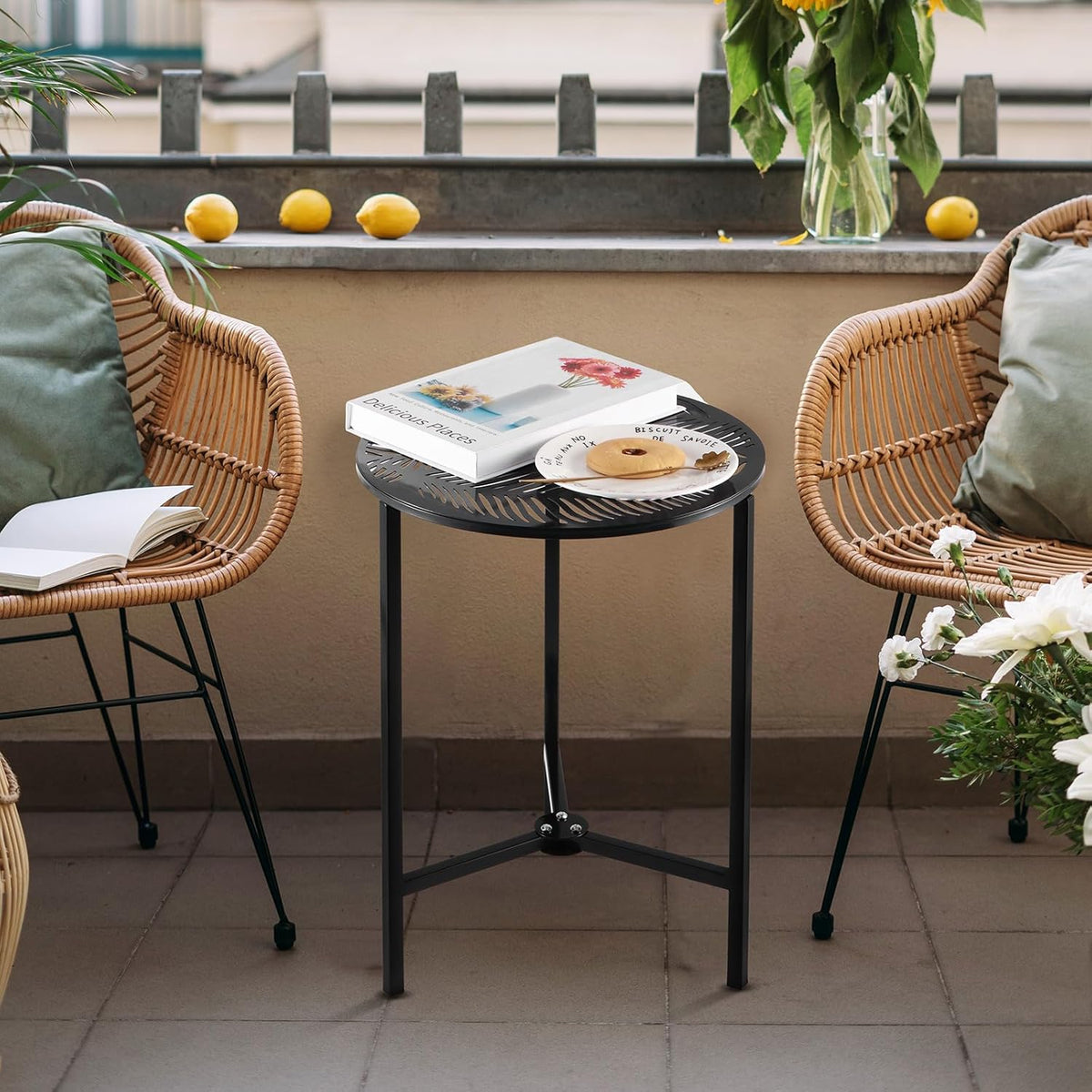 2 Packs 13" Metal Outdoor Side Tables Small Black Outside End Table for Patio Round Accent Corner Stand for Small Spaces Weather-Resistant Coffee Table for Balcony Porch Plant Stand, Palm Leaf
