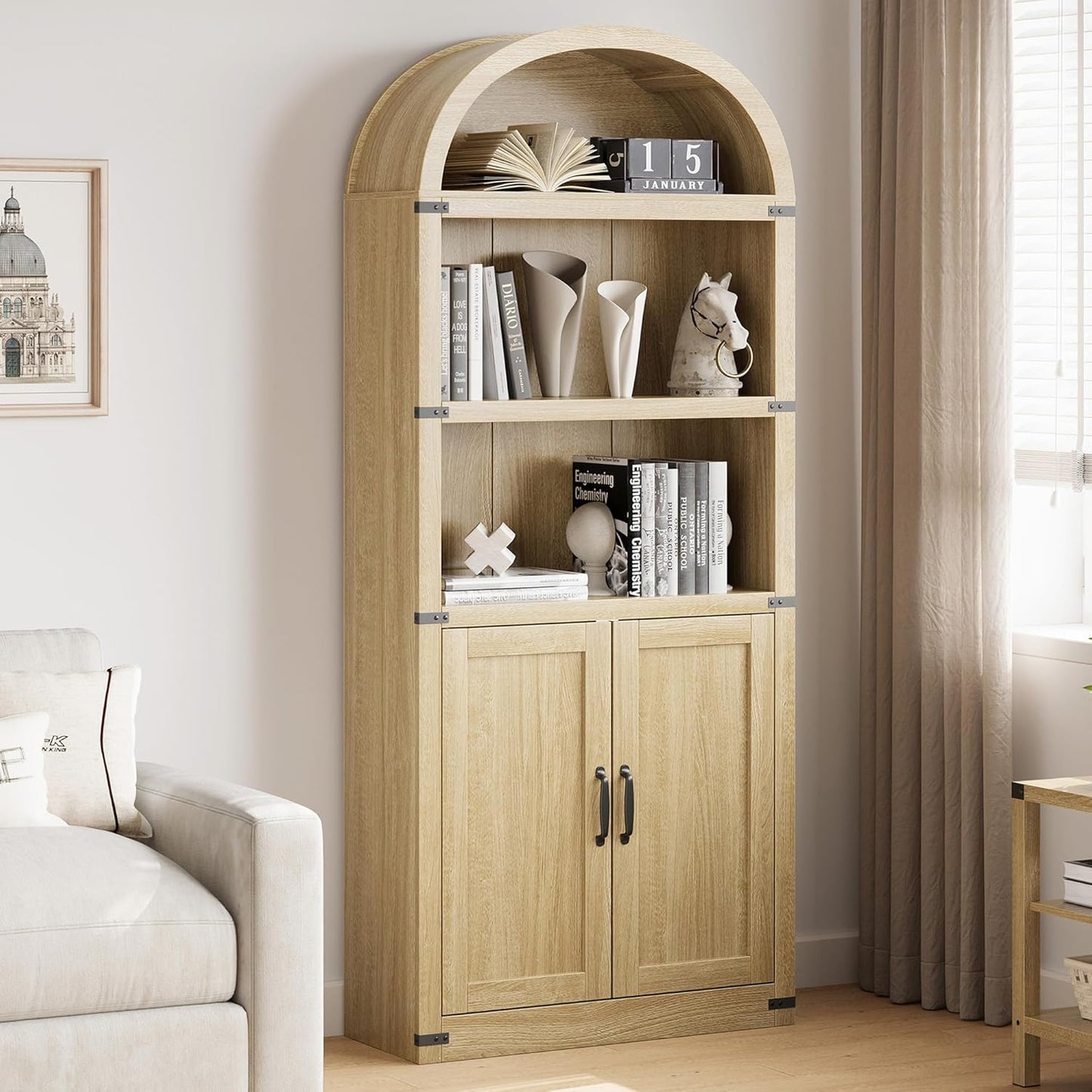GarveeHome Bookcase with Doors Arched Bookshelf 71.65in Tall Bookcase Farmhouse Cabinet with Shelves Wooden Bookshelves for Home Office, Living Room (Light Oak)