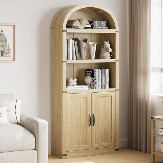 GarveeHome Bookcase with Doors Arched Bookshelf 71.65in Tall Bookcase Farmhouse Cabinet with Shelves Wooden Bookshelves for Home Office, Living Room (Light Oak)
