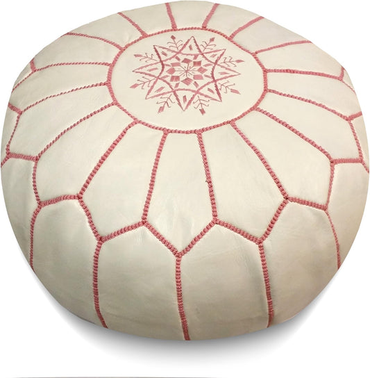 Stuffed Round Design Moroccan Leather Pouf Ottoman, Handmade, Pre-Filled, 100% Genuine Leather, 13” Height x 20” Diameter, Footstool & Living Room Décor (White with Pink Stitches)