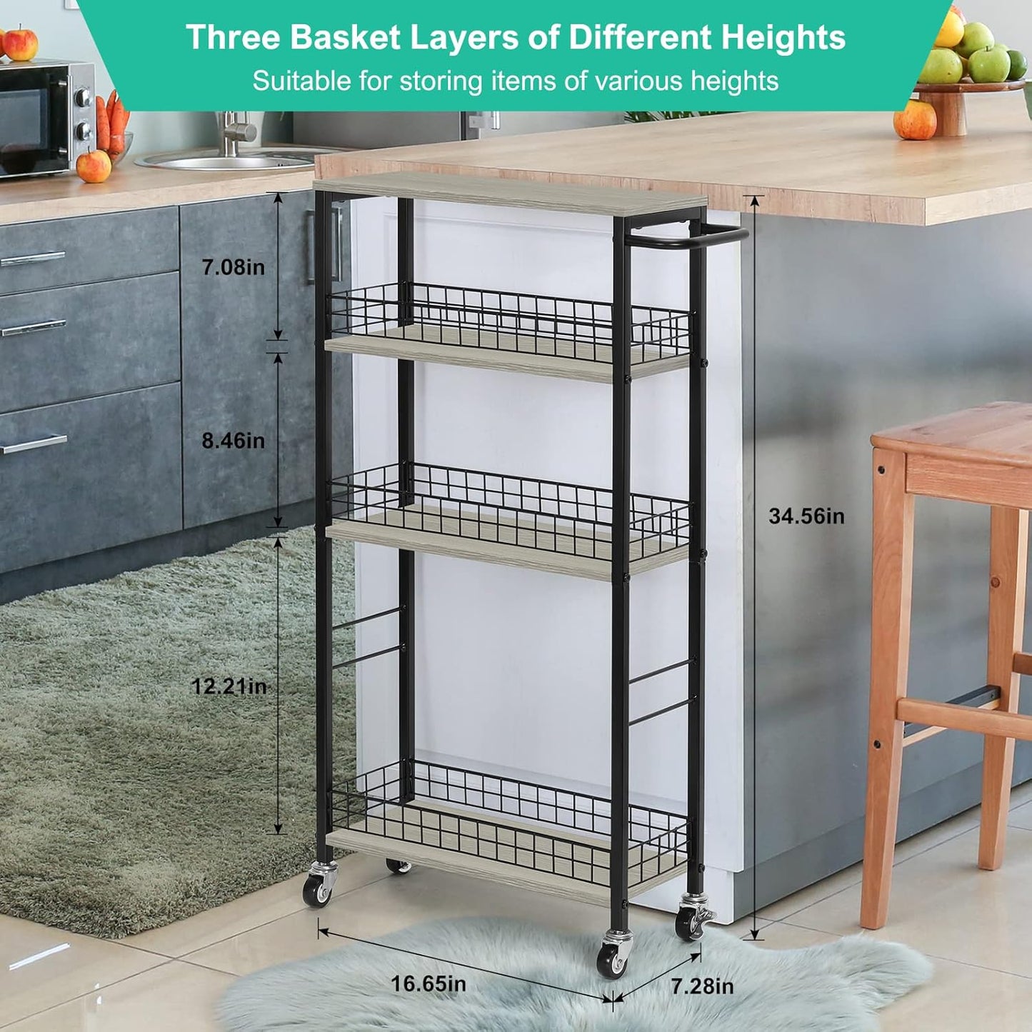 YBING Slim Storage Cart 4 Tier Narrow Rolling Cart on Wheels Mobile Kitchen Narrow Cart with Wooden Tabletop Grey Slim Utility Kitchen Storage Cart with Handle for Living Room 7.3''Wide