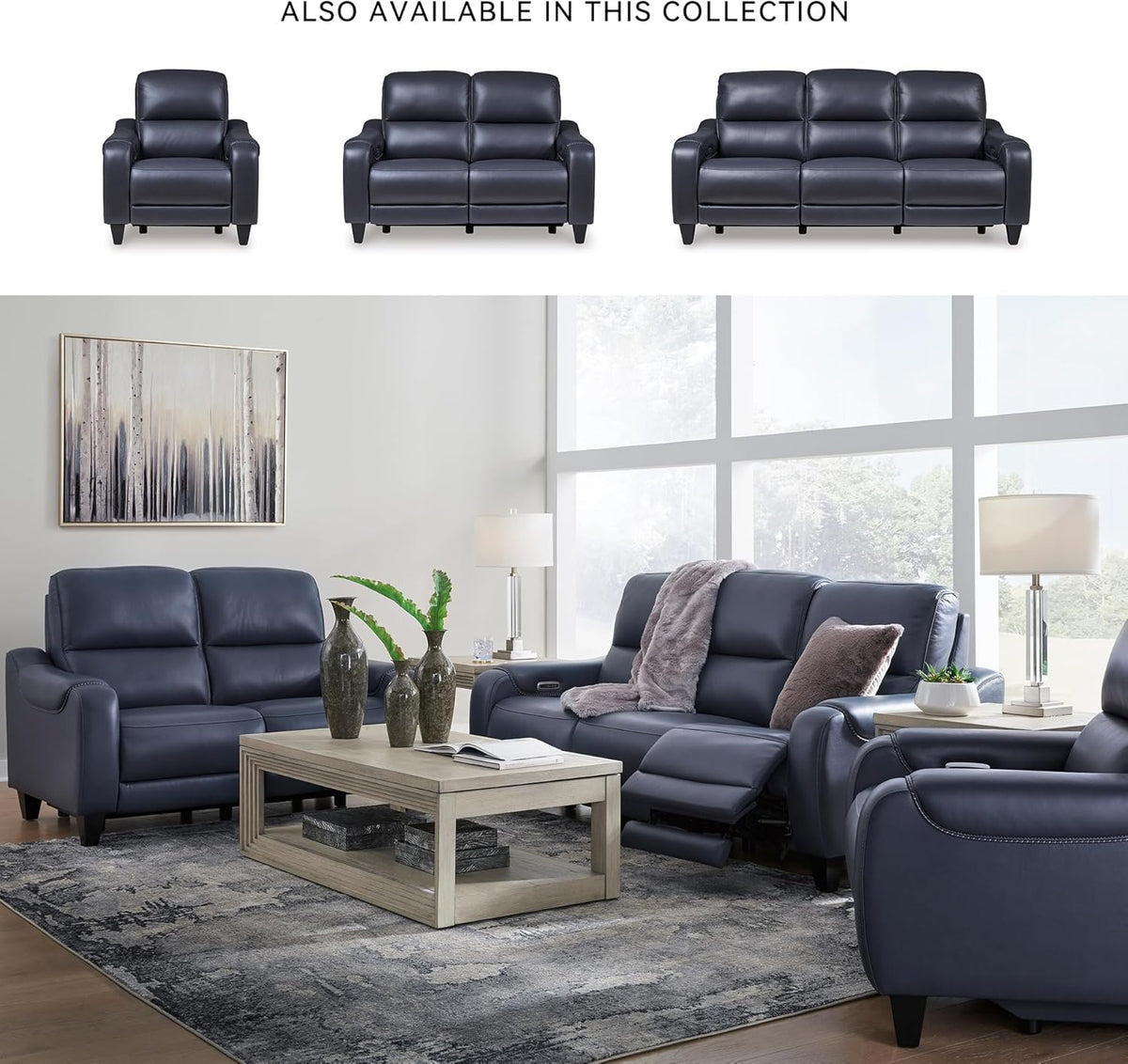 Signature Design by Ashley Mercomatic Contemporary Leather Match Wall Hugger Power Reclining Sofa with Adjustable Headrest and USB Ports, Blue