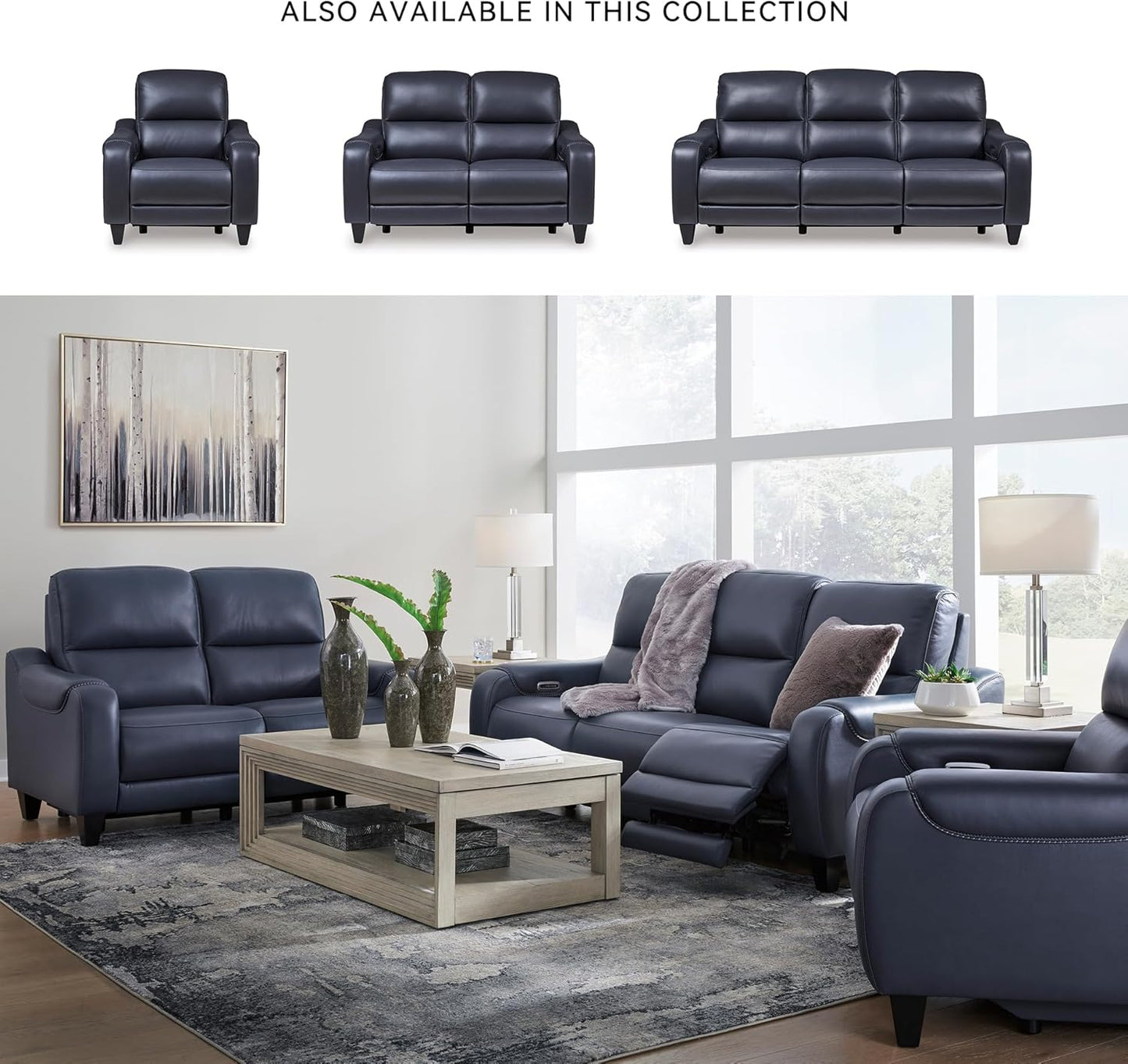 Signature Design by Ashley Mercomatic Contemporary Leather Match Wall Hugger Power Reclining Loveseat with Adjustable Headrest and USB Ports, Blue