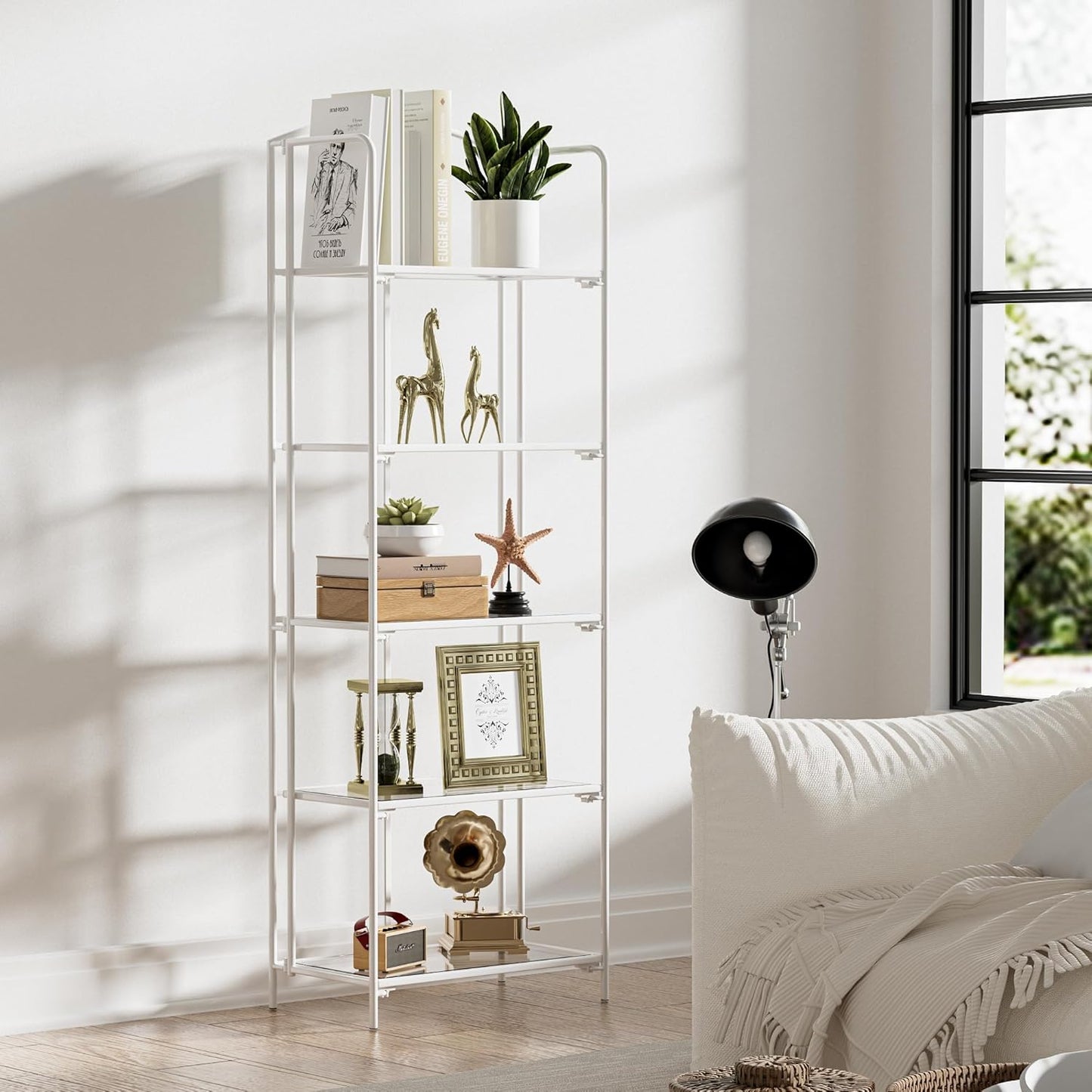 Crofy No Assembly Folding Bookshelf for Living Room, 5 Tier White Collapsible Book Shelf for Home Office, Portable Bookcase Storage Organizer