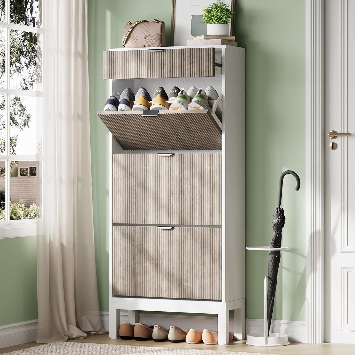 GarveeHome Shoe Cabinet with 3 Flip Doors & 1 Drawer, Entrance Wooden Shoe Rack with Iron Legs, Slim Shoe Storage Cabinet, Modern Fluted Shoe Organizer for Entryway Hallway, White+Grey
