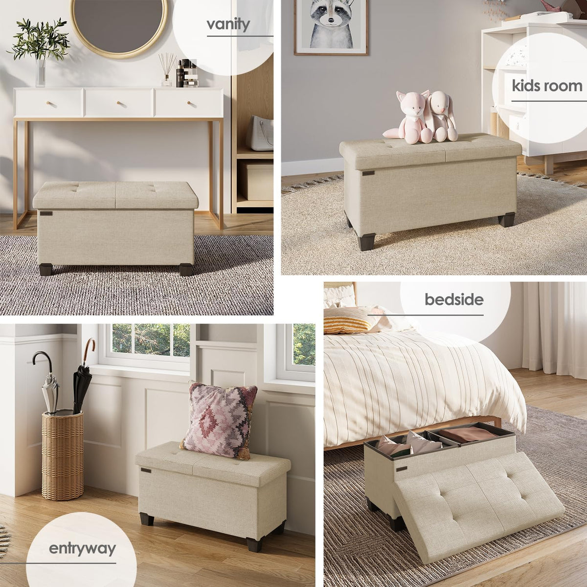 STORAGEBUD Storage Ottoman Bench with Bins, 30-in Storage Bench for Bedroom End of Bed, Folding Foot Rest Ottoman for Living Room Max 660lbs, Fabric Ottomans, Beige