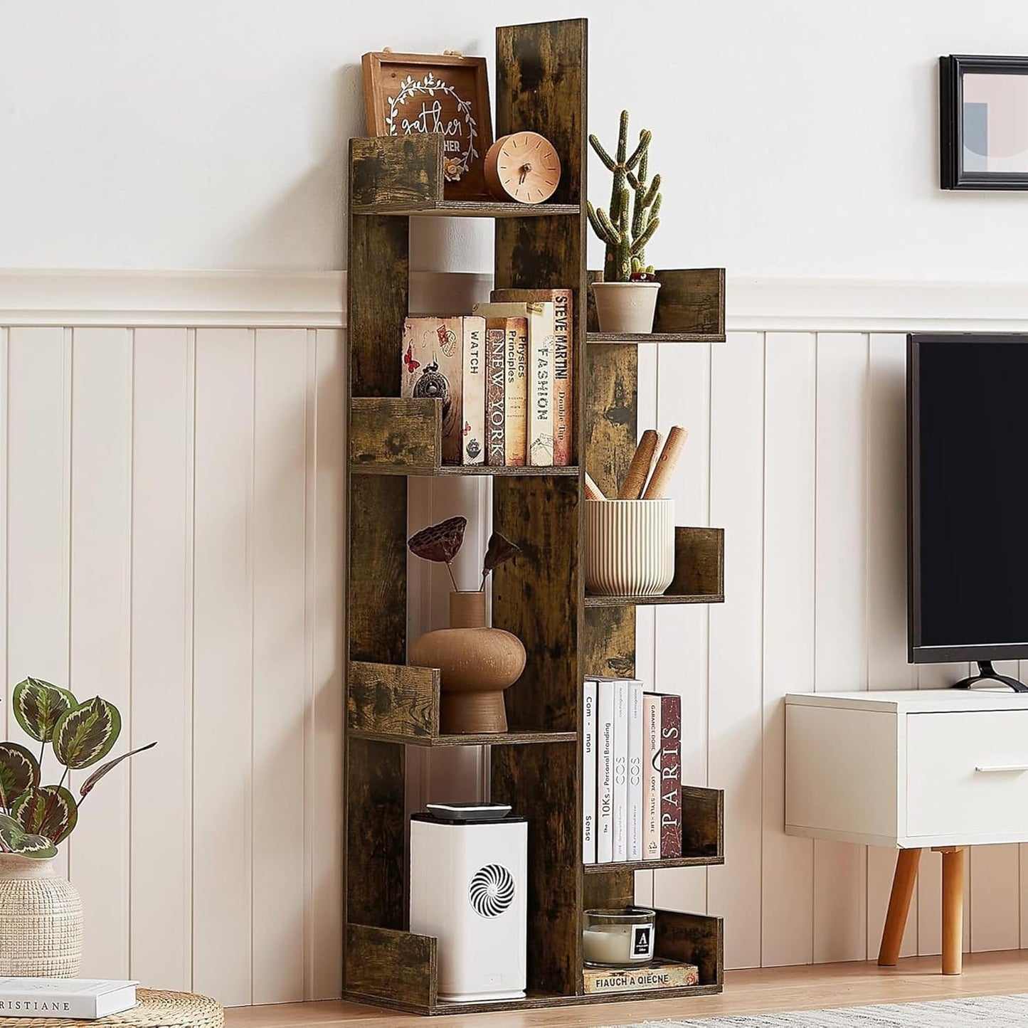 VECELO 8-Tier Tall Cactus-Shaped Tree Bookshelf, Vertical Bookcase with Waterproof Shelves & Rounded Corners, Modern Display Rack for Small Spaces in Living Room, Office, Bedroom, Rustic Brown