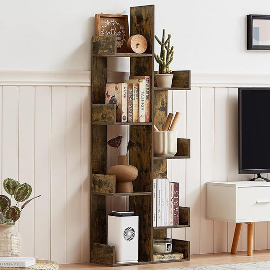 VECELO 8-Tier Tall Cactus-Shaped Tree Bookshelf, Vertical Bookcase with Waterproof Shelves & Rounded Corners, Modern Display Rack for Small Spaces in Living Room, Office, Bedroom, Rustic Brown