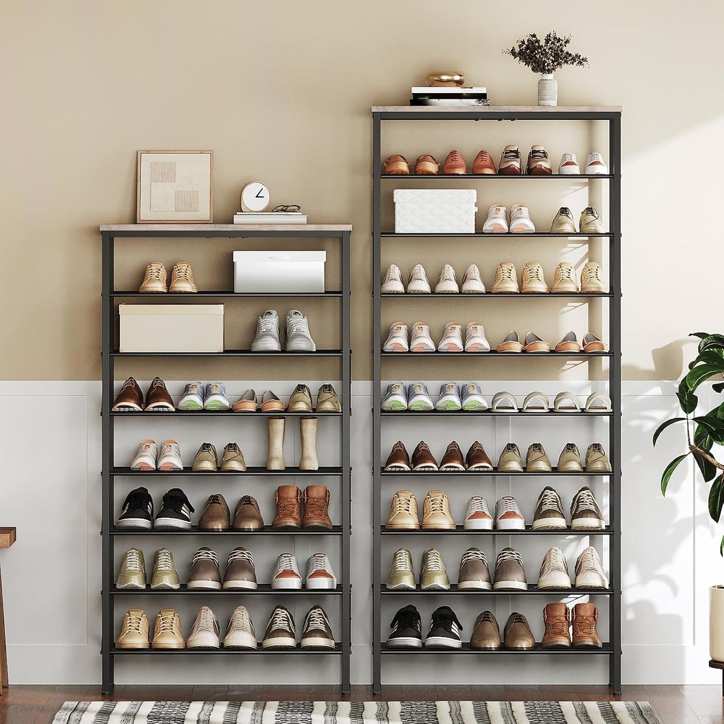 10 Tier Shoe Rack, Large Capacity Shoe Storage Organizer Holds 40 Pairs, Durable and Stable, for Entryway, Hallway, Closet, Dorm Room, Greige and Black SS10BG