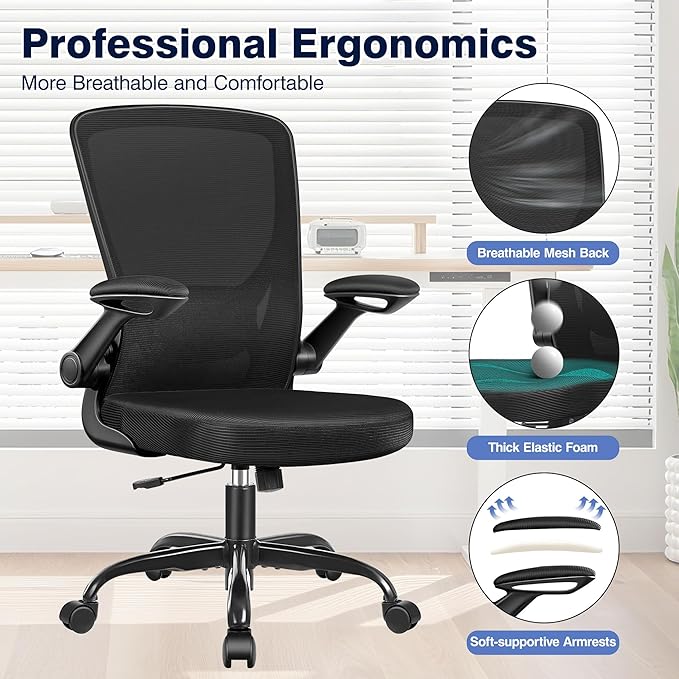 Ergonomic Office Chair, Mesh Computer Chairs with Lumbar Support, Swivel Desk Chair with Flip-up Arms and Adjustable Height, Black