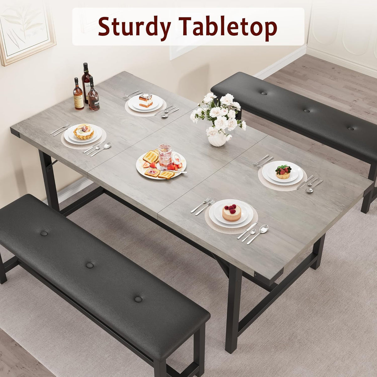 Dining Table Set for 4-6, 63“ Large Extendable Kitchen Table Set, Wood Rectangle Kitchen Table with 2 Soft Benches for Small Space, Apartment, DinnerSaving Space, Grey