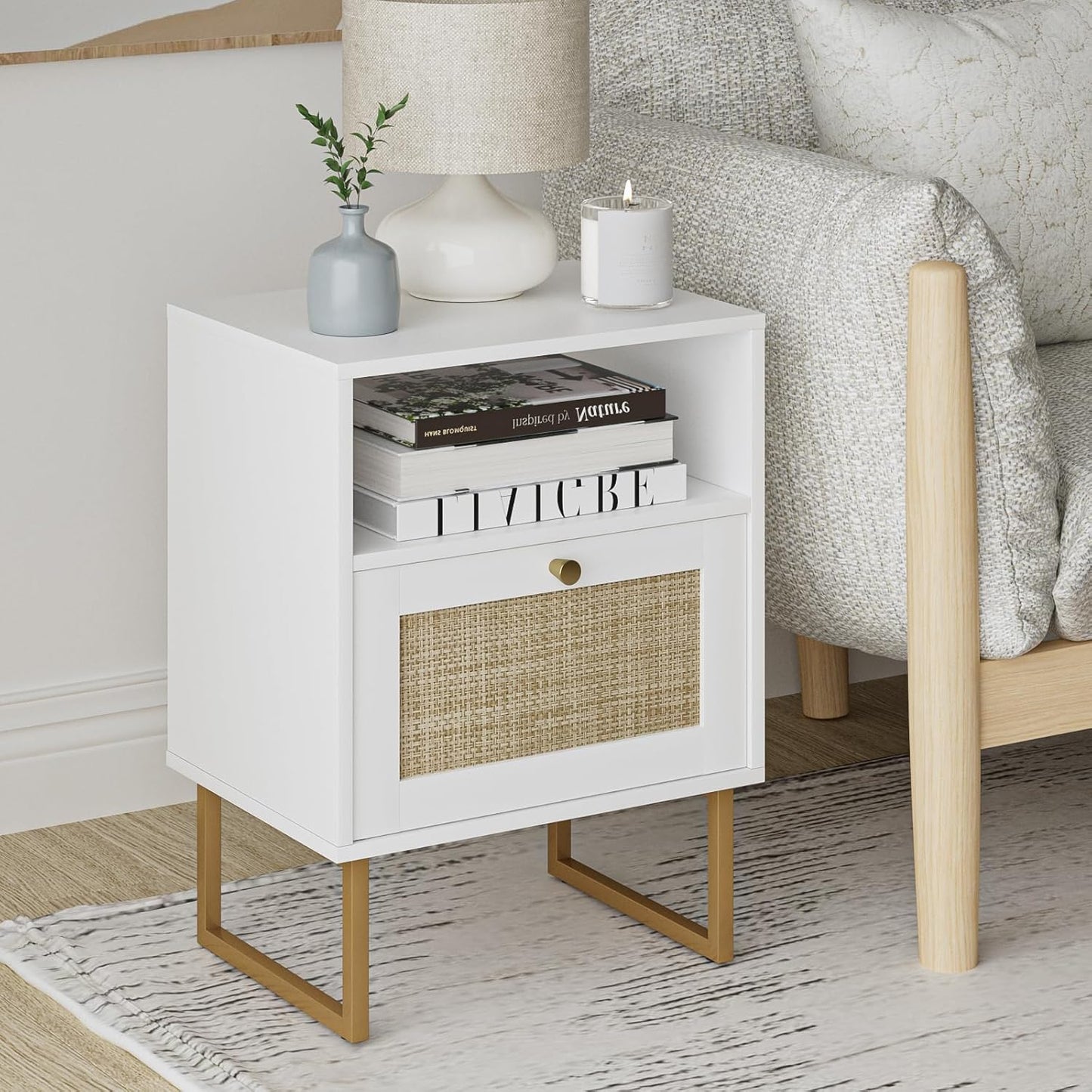 Masupu Extra Large Rattan Nightstand,Boho Night Stand Modern Farmhouse Wood Bedside Table with Storage Drawer and Open Shelf,Side End Table for Bedroom,Living Room,Office White