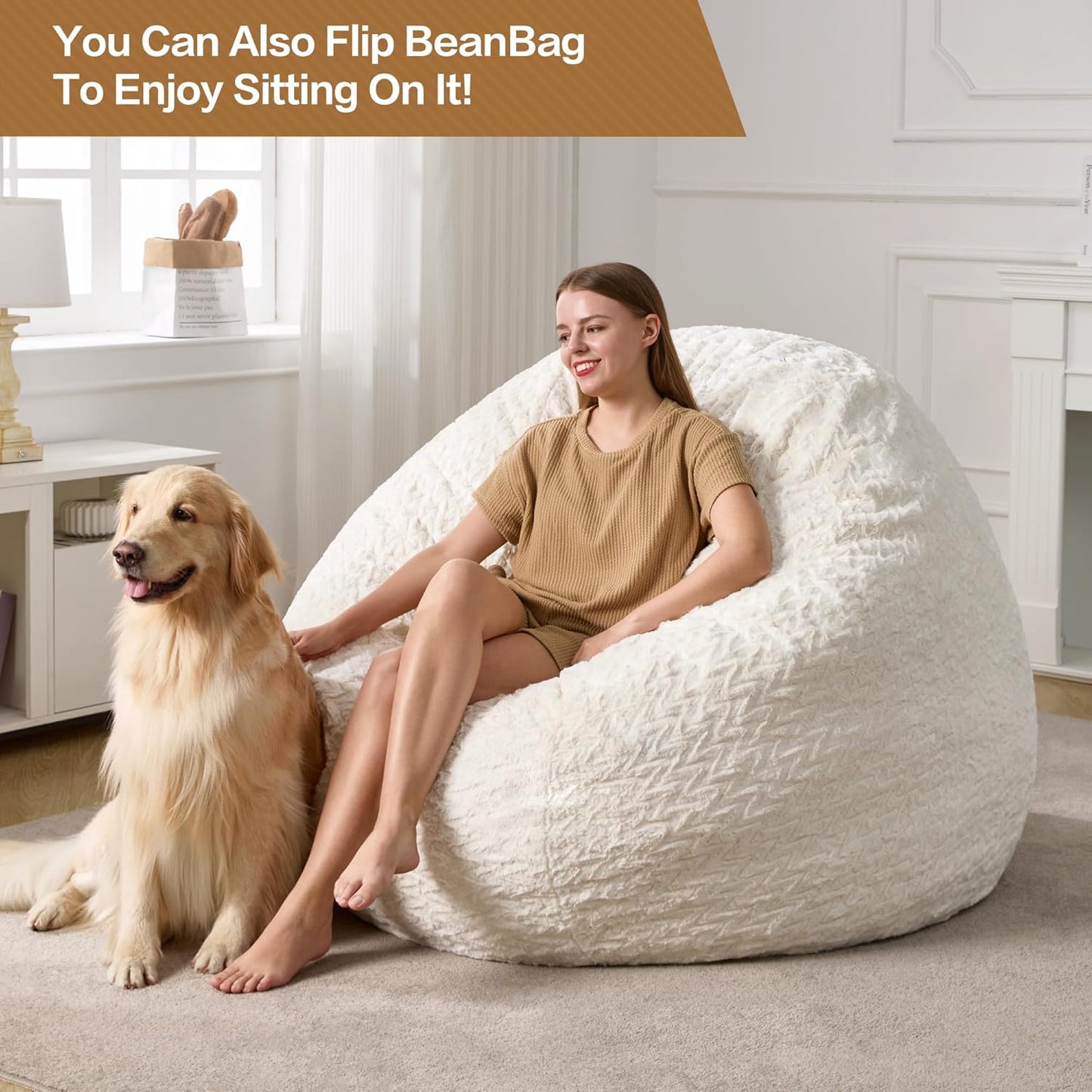 Hobestluk 5ft Bean Bag Chairs for Adults Large Beanbag Chair with Chevron Plush Fur Cover Big Bean Bag Chair for Living Room Bedroom Dorm Office - White (50” x 50” x 24”)