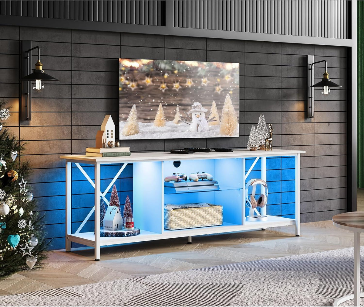 WLIVE TV Stand up to 65 Inch TV, 55" Entertainment Center with LED, Industrial TV Console with Glass Shelf for Living Room and Bedroom, White