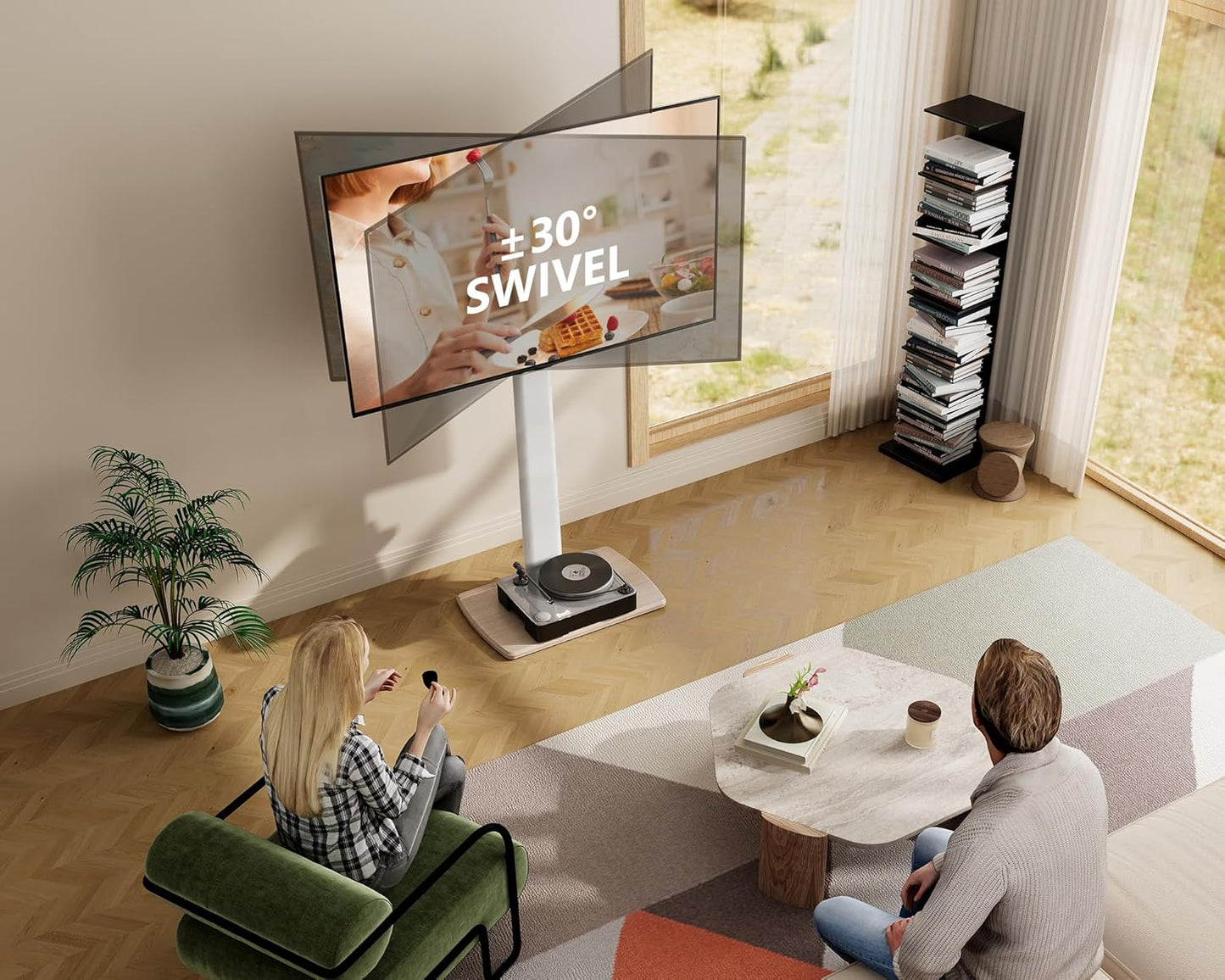 FITUEYES Swivel Floor TV Stand for 32 to 70 Inch TVs Tall Universal TV Stand Mount with Sturdy Wood Base, Space Saving for Corner Bedroom White