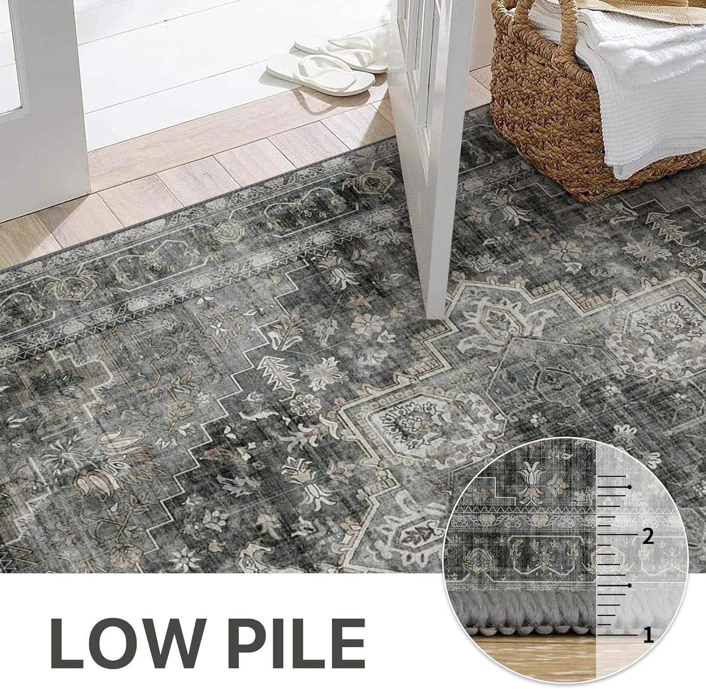 GENIMO 9x12 Area Rugs for Living Room, Machine Washable Non Slip Vintage Rugs, Low Pile Lightweight Chenille Print Rug for Bedroom, Dining Room, Home Office,Charcoal Gray
