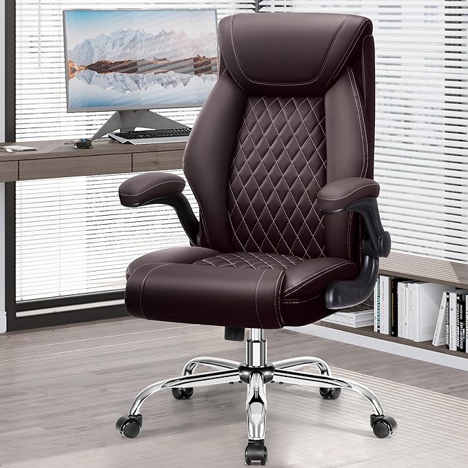 Office Chair, Ergonomic High Back Home Office Desk Chair, Big and Tall Breathable Leather Office Chair with Lumbar Support Flip-Up Armrests, Computer Chair with Rocking Function