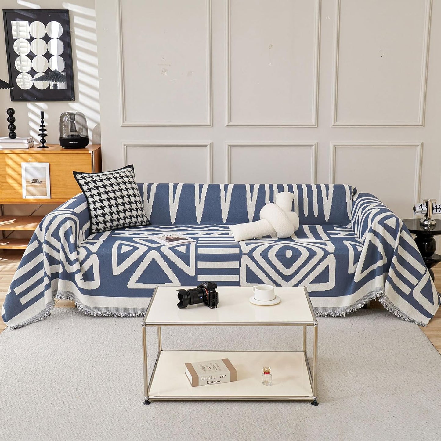 STACYPIK Boho Chenille Blue Sofa Cover L Shaped Couch Cover Reversible Couch Cover for 3 Cushion Couch Non-Silp Furniture Cover for Dogs Cats Sectional Sofa Cover for Loveseat Futon Cover-91X134IN