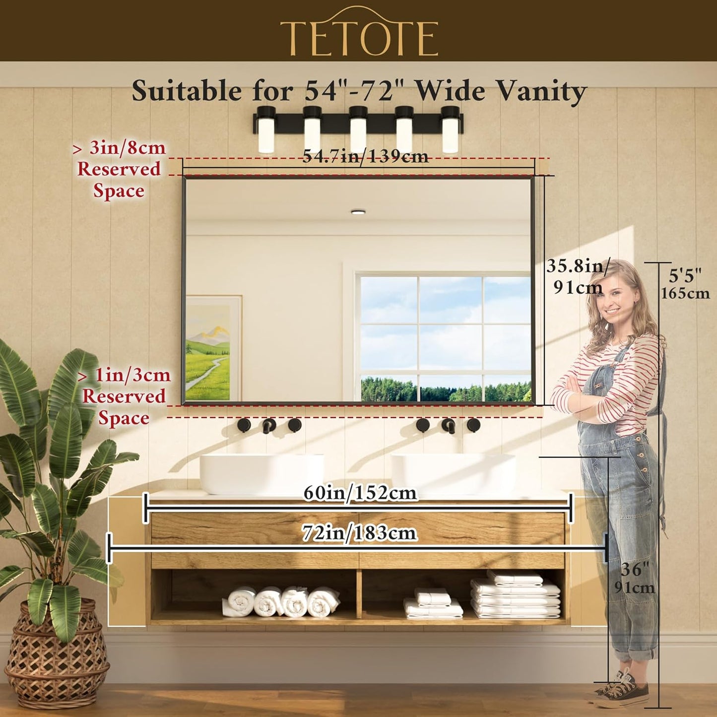 TETOTE Black Bathroom Mirror for Over Sink 55" x 36" Large Matte Black Beveled Metal Framed Rectangular Vanity Mirror for Bathroom, Bedroom, Entryway, Living Room, Tempered Glass, Shatterproof