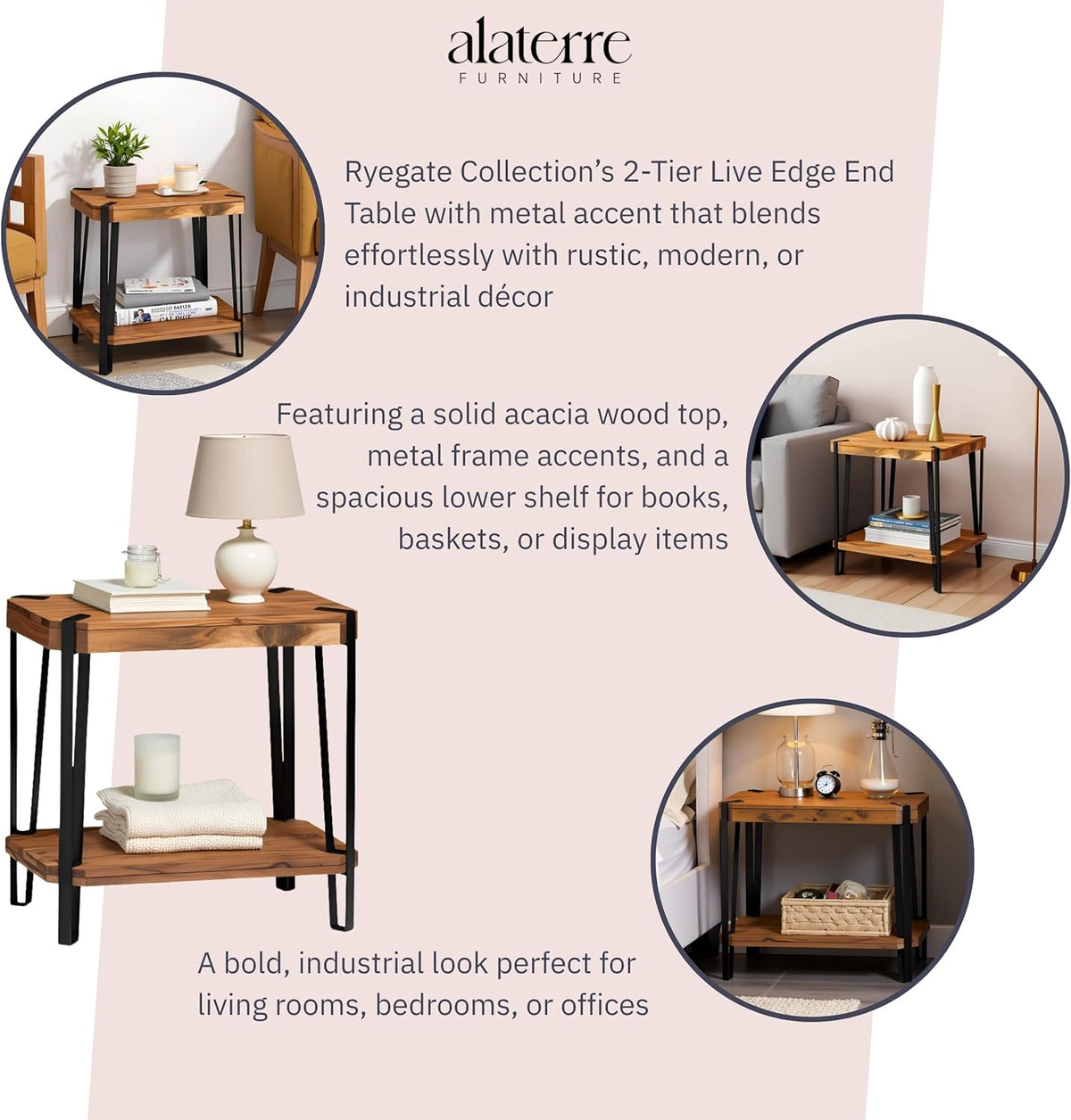Ryegate Live Edge End Table with Storage – 2-Tier Solid Acacia Wood Side Table with Metal Frame and Lower Shelf – Industrial Accent Table for Living Room or Bedroom by Alaterre Furniture