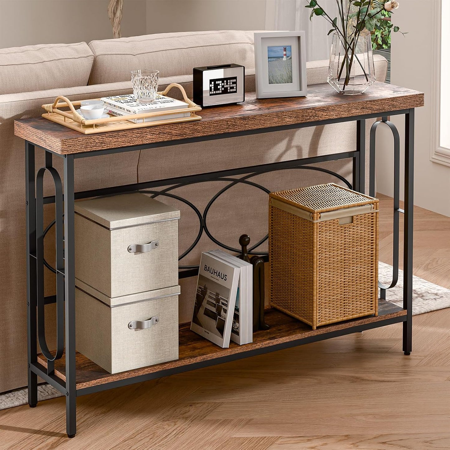 Industrial Console Table for Entryway, Rustic Console Table Behind Couch, 2 Tier Sofa Tables for Home Living Room, Hallway, Entrance, with Metal Frame(48 inches)