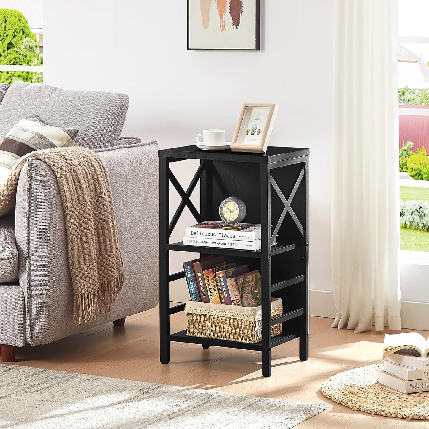 Small Bookshelf,3 Tier Industrial Bookcase with Metal Frame and Backboard,Low Black Book Shelf,Book case for Small Spaces,Living Room,Bedroom and Home Office