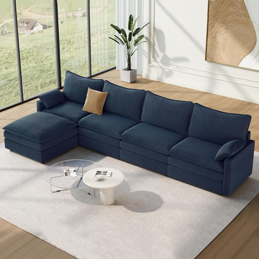 Vesgantti 142" Cloud Couch Sectional Modular Sofa, Comfy Sectional Couch with Ottoman Deep Seat Chenille L Shaped Sofa, Modular Couches for Living Room, Bedroom and Apartment, Blue