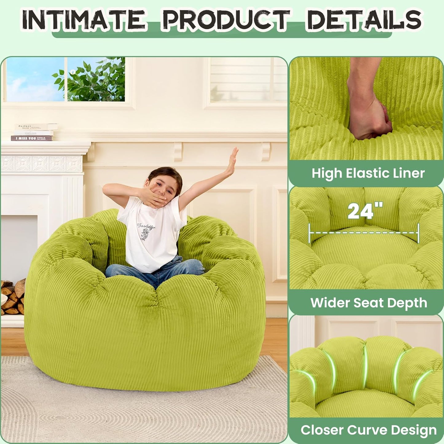 HABUTWAY Giant Bean Bag Chair for Adults/Kids/Teens, Pumpkin Bean Bag Couch Comfy Reading Chair for Bedroom, Corduroy Lazy Sofa Loughe Chair with Wider Seat Depth & Non-Slip Bottom(Light Green)